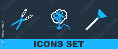 Set line Garden rake for leaves, Gardening handmade scissor and saw icon. Vector