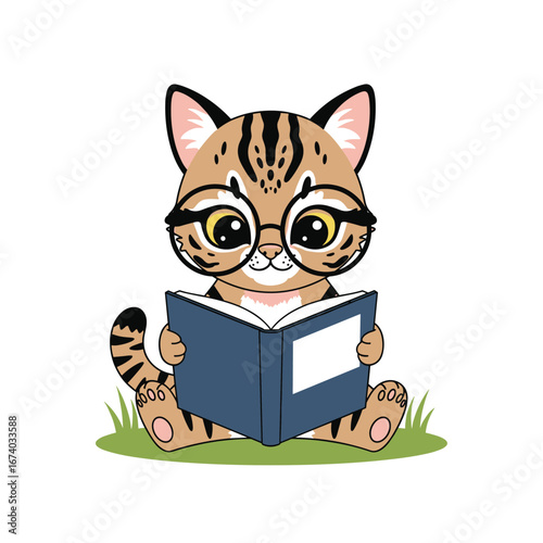 Adorable little feline kitten enjoying a fascinating book while sitting amongst green grass