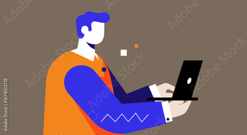 A modern flat design illustration of a businessman diligently working on a laptop. Ideal for themes of productivity, technology, remote work, or online business.