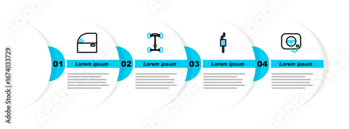 Set line Oil filler cap at gas station, Car muffler, Chassis car and door icon. Vector