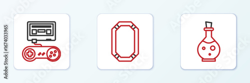 Set line Bottle with magic elixir, Game console joystick and Poker table icon. Vector