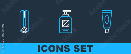 Set line Cream or lotion cosmetic tube, Curling iron for hair and Bottle of shampoo icon. Vector