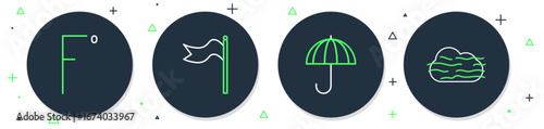 Set line Meteorology windsock wind vane, Umbrella, Fahrenheit and Fog and cloud icon. Vector