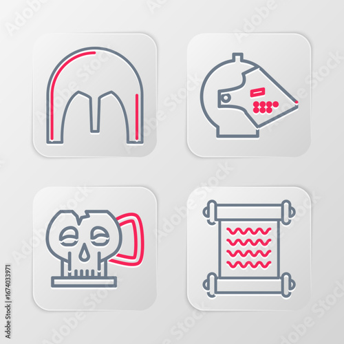 Set line Decree, parchment, scroll, Cup from the skull, Medieval iron helmet and icon. Vector
