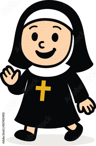 Smiling cartoon nun waving her hand while walking, a happy religious character illustration isolated on a white background.