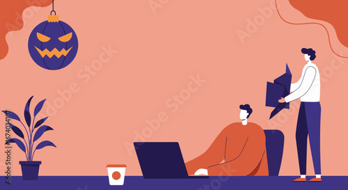 Modern flat design illustration of two men collaborating in an office with a Halloween ornament, one working on a laptop, symbolizing teamwork and seasonal business.