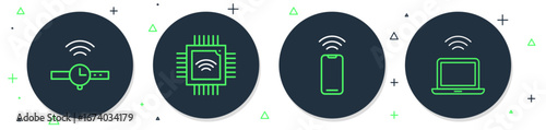 Set line Processor with microcircuits CPU, Wireless smartphone, Smartwatch and laptop icon. Vector