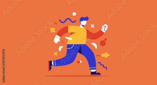 Energetic man running with dynamic abstract elements, symbolizing progress, challenge, and forward movement in a vibrant setting for business or lifestyle content.