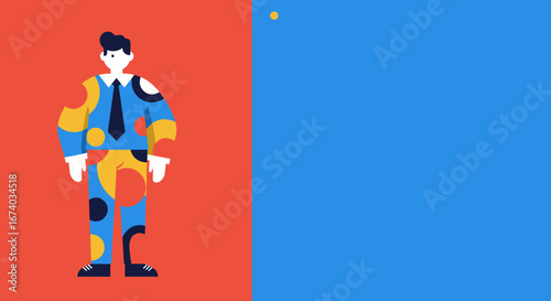 Stylish illustrated businessman in a colorful polka dot suit with a happy expression on a split red and blue background, representing creativity and modern business.