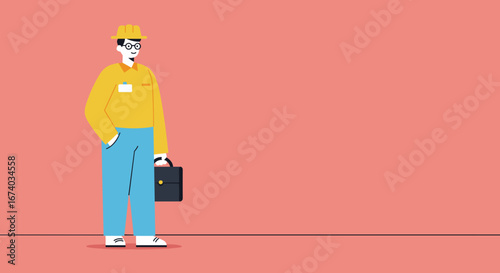 Smiling male engineer or construction worker in a hard hat and uniform, holding a briefcase against a minimalist background. Represents professionalism, industry, and project management.