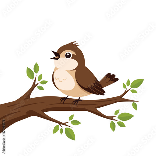 A small cute bird sings merrily sitting on a branch of a tree with green leaves in spring