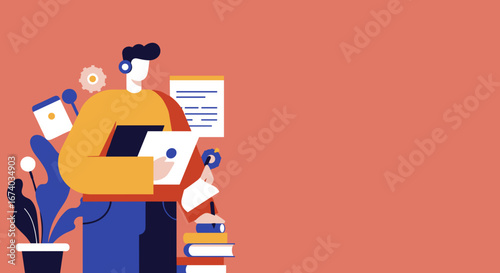 Illustrative image of a person learning or working, surrounded by technology, books, and notes. Perfect for concepts of education, online courses, or remote work.