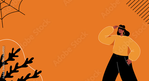 Illustrated woman looking forward with anticipation on an orange background with subtle Halloween elements. Ideal for concepts of searching, discovery, future, or seasonal designs.