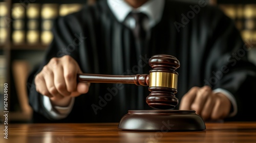 A judge holding a gavel, symbolizing justice and authority, in a courtroom setting with books in the background.