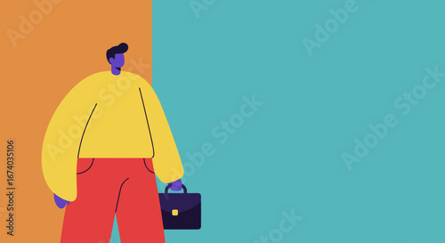 Stylized businessman with a briefcase against a vibrant two-tone background, representing career, success, and professional aspirations. Ideal for business concepts.
