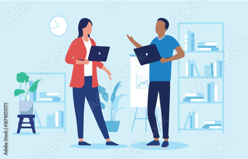Two happy people talking in office - Employees and colleagues having conversation at work, smiling and having a good time at work. Flat design vector illustration with blue background