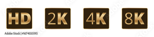 Resolution standards: hd, 2k, 4k, and 8k on brown icons.