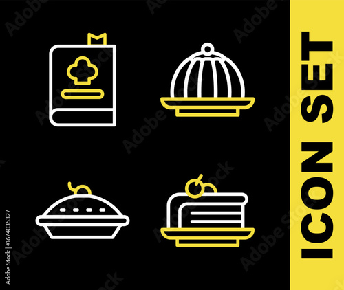 Set line Pudding custard, Piece of cake, Homemade pie and Cookbook icon. Vector