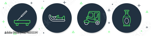 Set line Indian shoes, Taxi tuk tuk, Scented spa stick and vase icon. Vector