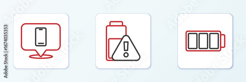 Set line Battery, Phone repair service and Smartphone battery charge icon. Vector