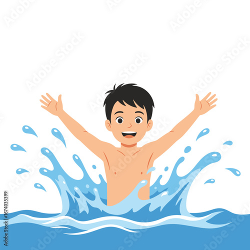 Joyful young boy splashing happily in cool clear water during summer vacation fun activity