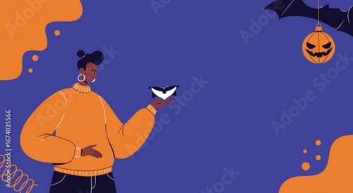 Halloween illustration featuring a person holding a stylized bat, surrounded by festive pumpkin and bat decorations. Great for seasonal greetings or promotions.