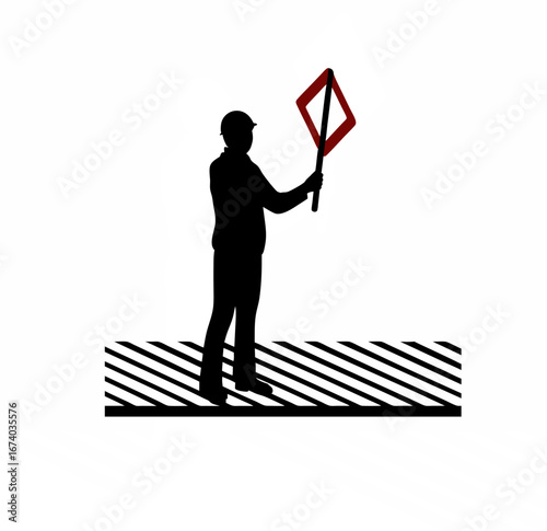 Silhouette of worker holding safety signboard isolated on white background