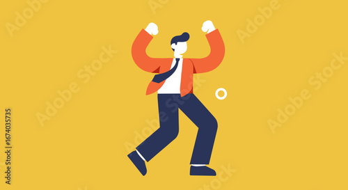 Cheerful businessman celebrating success or achievement with arms raised against a vibrant yellow background. Concept of victory, winning, or good news in business.