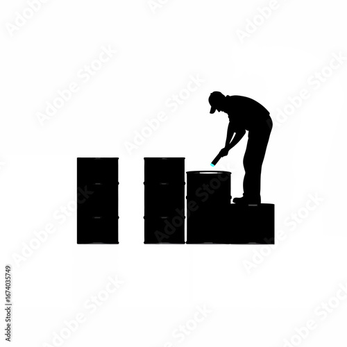 Silhouette of worker inspecting oil barrels with flashlight isolated on white background