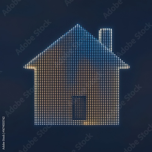 Glowing dotted house icon with gradient light effect on dark background.