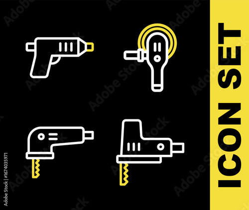 Set line Angle grinder, Electric jigsaw, and cordless screwdriver icon. Vector