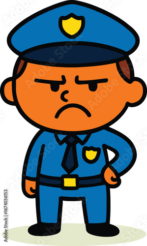 Cartoon angry policeman illustration, furious police officer character, vector law enforcement drawing, strict security guard clipart, isolated comic design art.