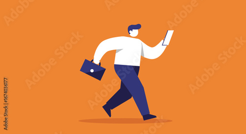 Modern business professional walks purposefully, carrying a briefcase and using a tablet. Highlights on-the-go work, connectivity, and efficiency in a digital age.