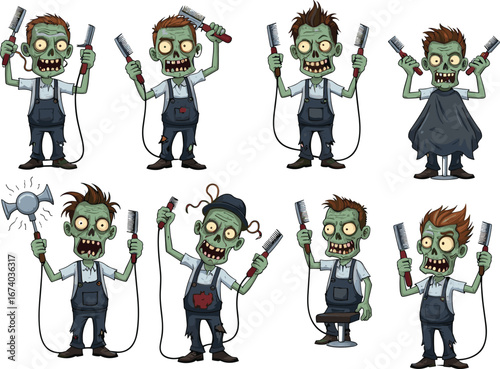 Cartoon zombie barber characters with hair clippers, funny undead hairdressers, Halloween horror barbershop, spooky zombie stylists, vector illustration set, horror theme