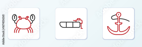 Set line Anchor, Crab and Inflatable boat with motor icon. Vector