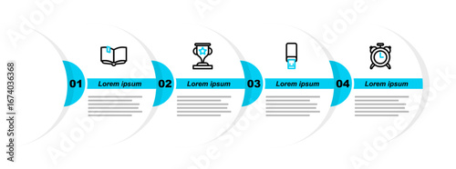 Set line Alarm clock, USB flash drive, Award cup and Open book icon. Vector