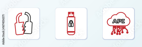 Set line Cloud api interface, Broken or cracked lock and USB flash drive with icon. Vector