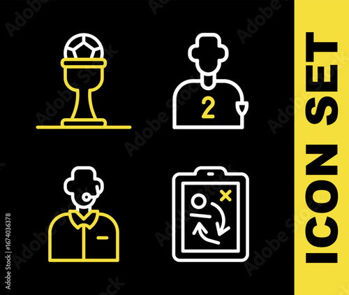 Set line Football or soccer player, Planning strategy concept, commentator and Award cup and football icon. Vector
