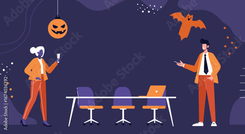 Business professionals celebrating Halloween in an office meeting room, featuring festive decorations. Ideal for holiday office events or seasonal work themes.