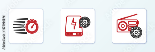 Set line Radio setting, Stopwatch and Power bank icon. Vector