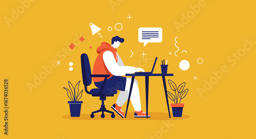 Illustration of a young person working remotely on a laptop at a desk, embodying digital productivity, online communication, and modern freelance lifestyle.