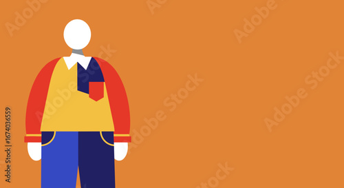 Colorful abstract illustration of a person in a polo shirt and jeans on an orange background, providing versatile copy space for modern business or lifestyle themes.