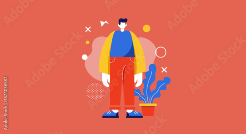 A modern, faceless man illustration in casual attire stands against a vibrant background with abstract shapes and a potted plant. Ideal for digital projects, lifestyle, or business concepts.