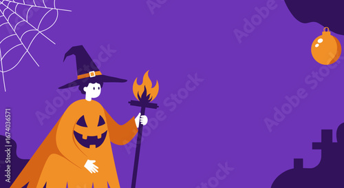 Halloween illustration with a person in a pumpkin costume and witch hat holding a torch against a vibrant purple background. Perfect for holiday marketing, invitations, or seasonal content.