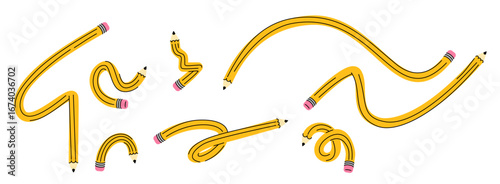 Vector illustration set of cute simple graphite twisted pencils. Abstract tangled writing pens in cartoon style. Simple flat icons for school and children.