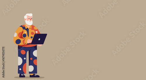 A modern senior man with a white beard uses a laptop, representing digital literacy, remote work, and an active online lifestyle. Perfect for technology, education, and business concepts.