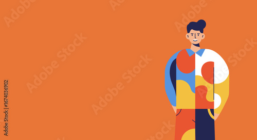 Colorful illustration of a smiling person with a unique, abstract shirt on an orange background, representing individuality and modern business concepts.