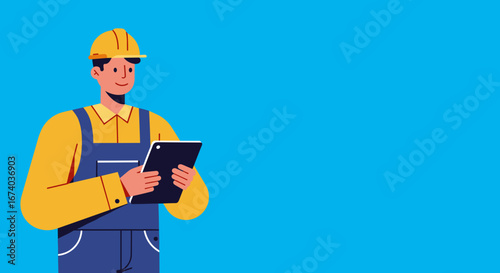 Professional worker in a hard hat and overalls utilizing a digital tablet for efficient project management and site inspection, symbolizing modern industry.