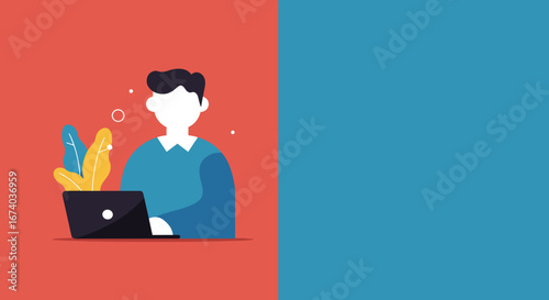 Stylized illustration of a person working remotely on a laptop, ideal for business, technology, or modern lifestyle concepts.