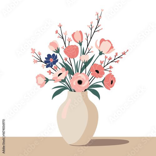 A charming bouquet of delicate pink and blue flowers adorning a simple cream vase on a table